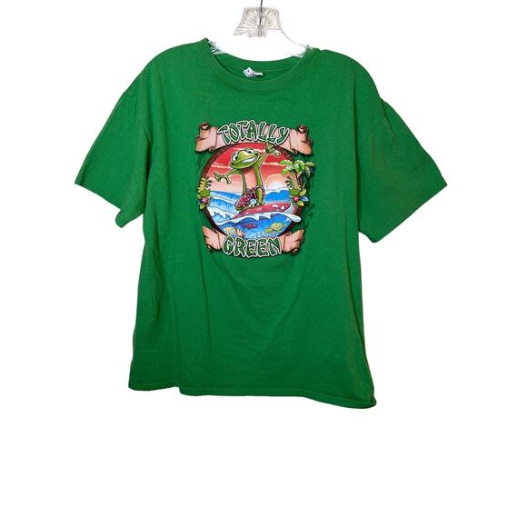Anvil Pre-Shrunk Large Green Graphic Surfer Frog Cash Elementary T-Shirt - Picture 1 of 8